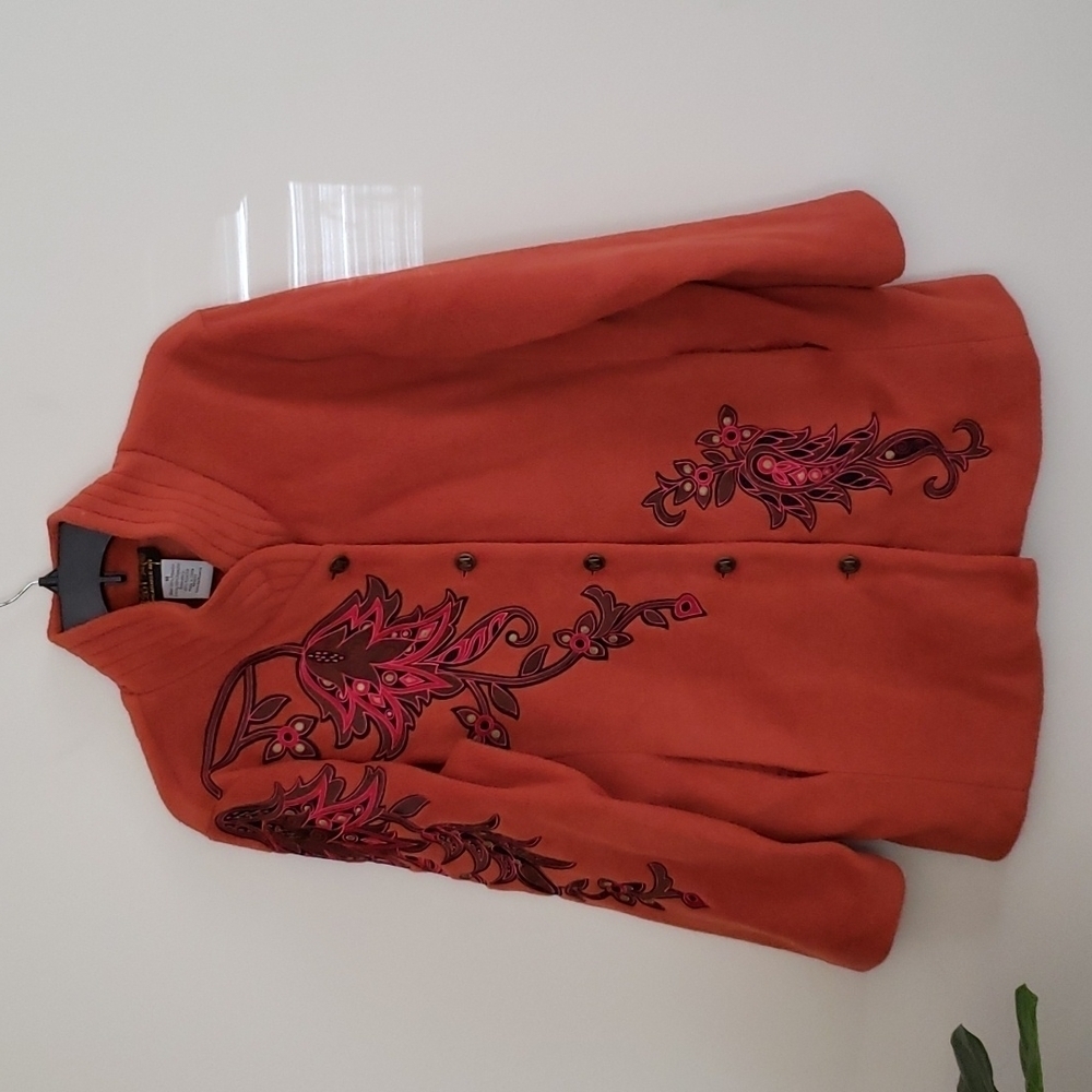 Bob Mackie orange fleece jacket, embroidery, wearable art, artisan women size M